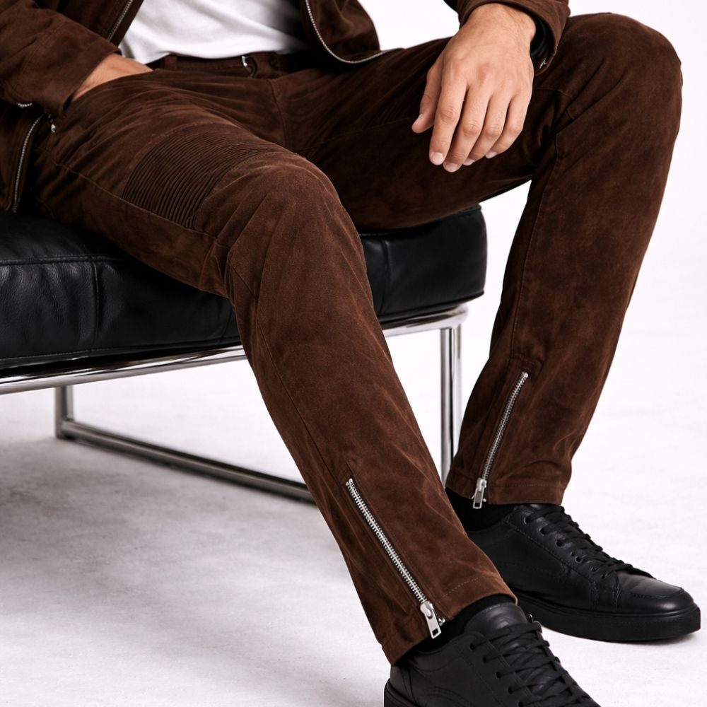 Herren Goatsuede Hose Braun Biker Stil Slim Fit – TerraRidge