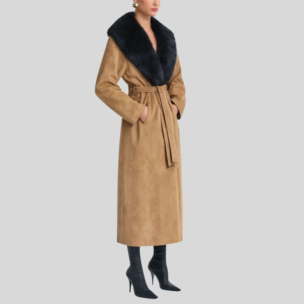 Damen Goatsuede Mantel Camel – Oversized Longline Mantel mit Faux Fur Kragen