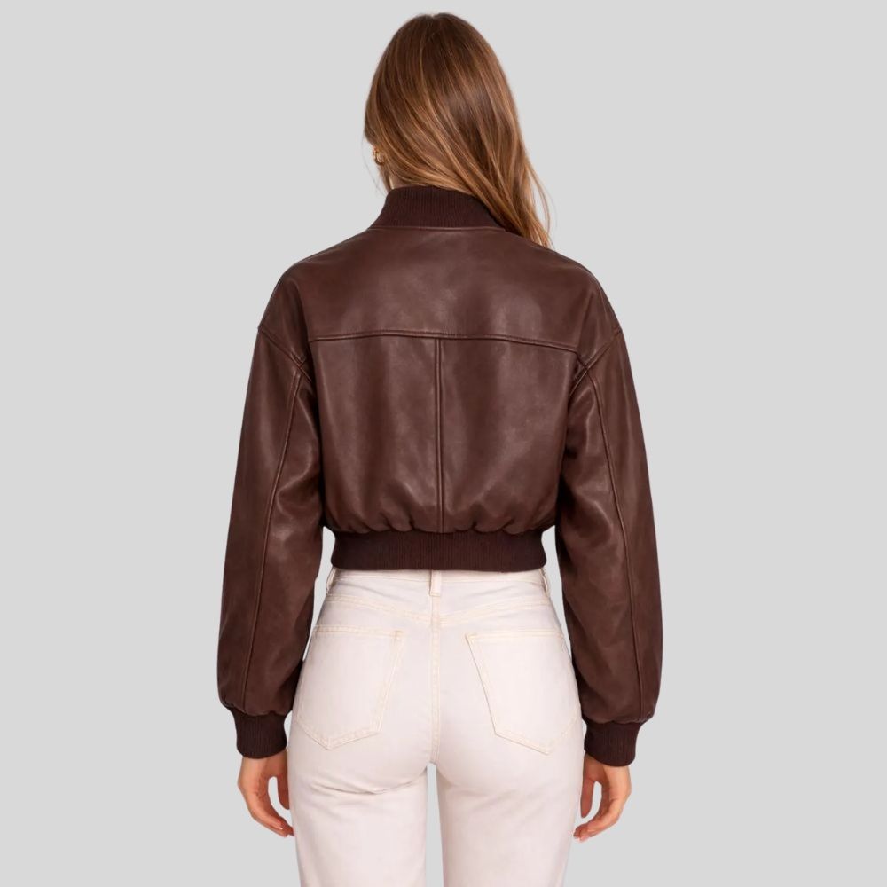 Damen Sheepskin Leder Bomberjacke Dunkelbraun – Cropped Tailored Fit Jacket