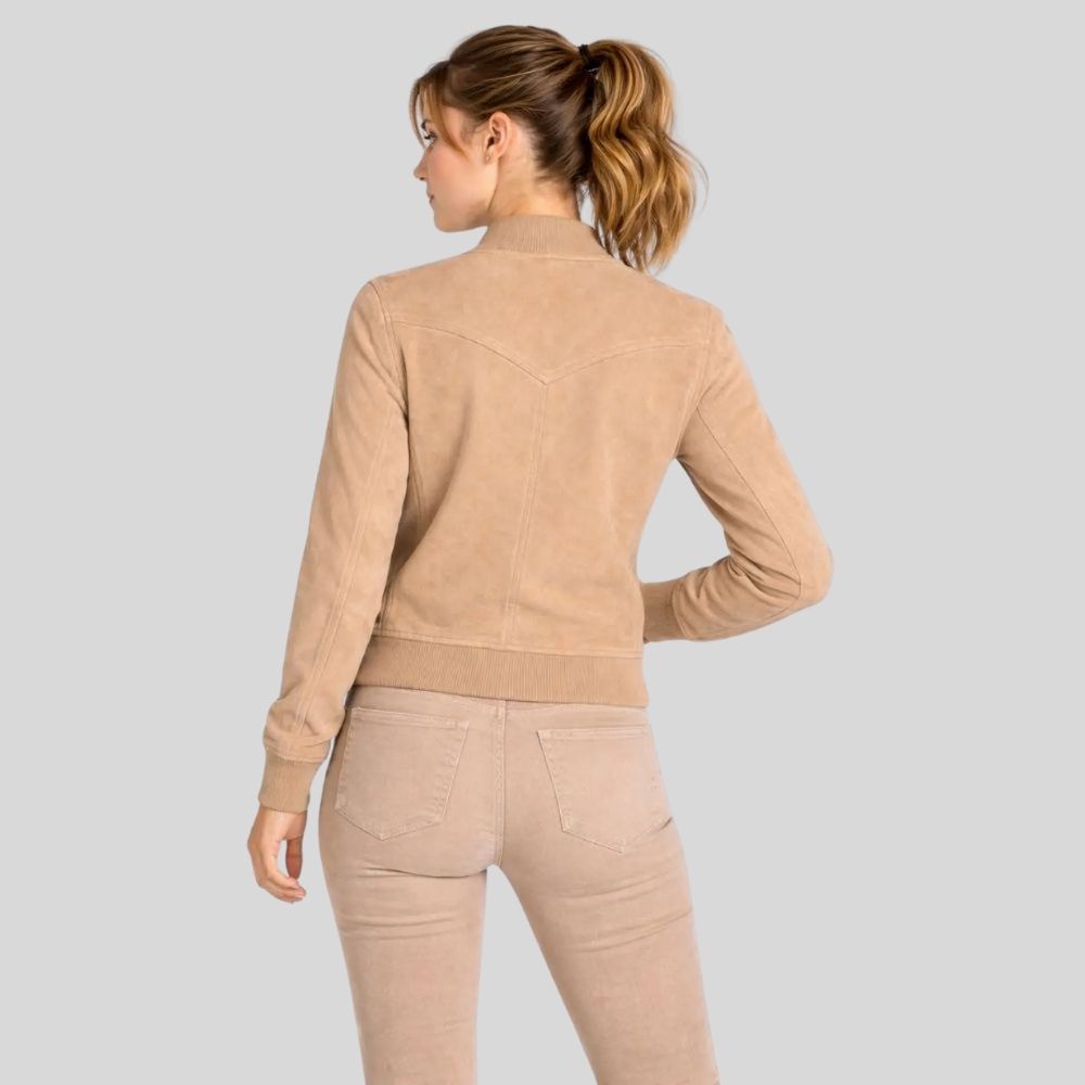 Damen Goatsuede Bomberjacke Beige Slim Fit Elegant – SandAura