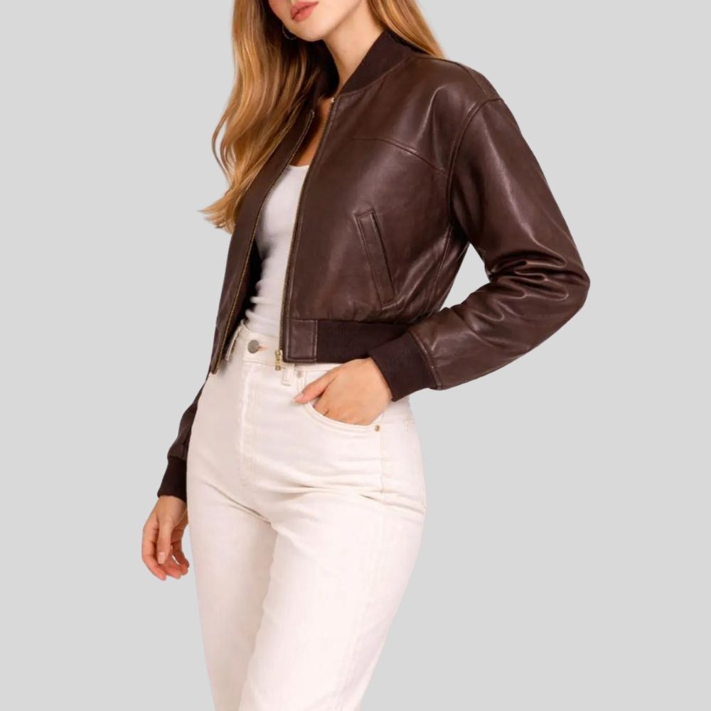 Damen Sheepskin Leder Bomberjacke Dunkelbraun – Cropped Tailored Fit Jacket
