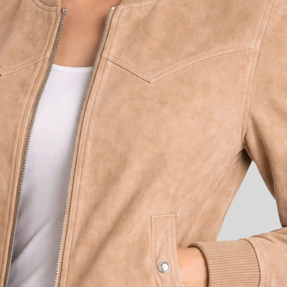 Damen Goatsuede Bomberjacke Beige Slim Fit Elegant – SandAura
