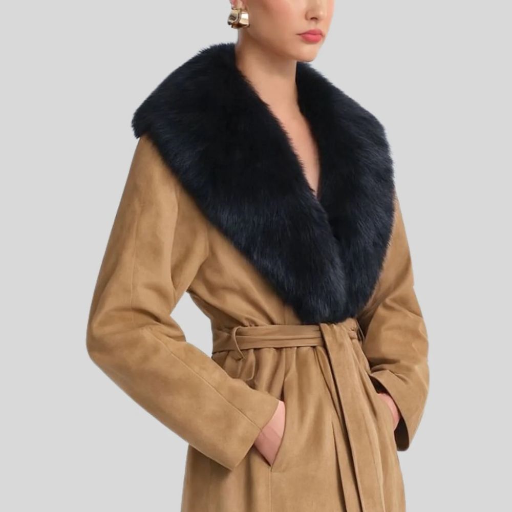 Damen Goatsuede Mantel Camel – Oversized Longline Mantel mit Faux Fur Kragen