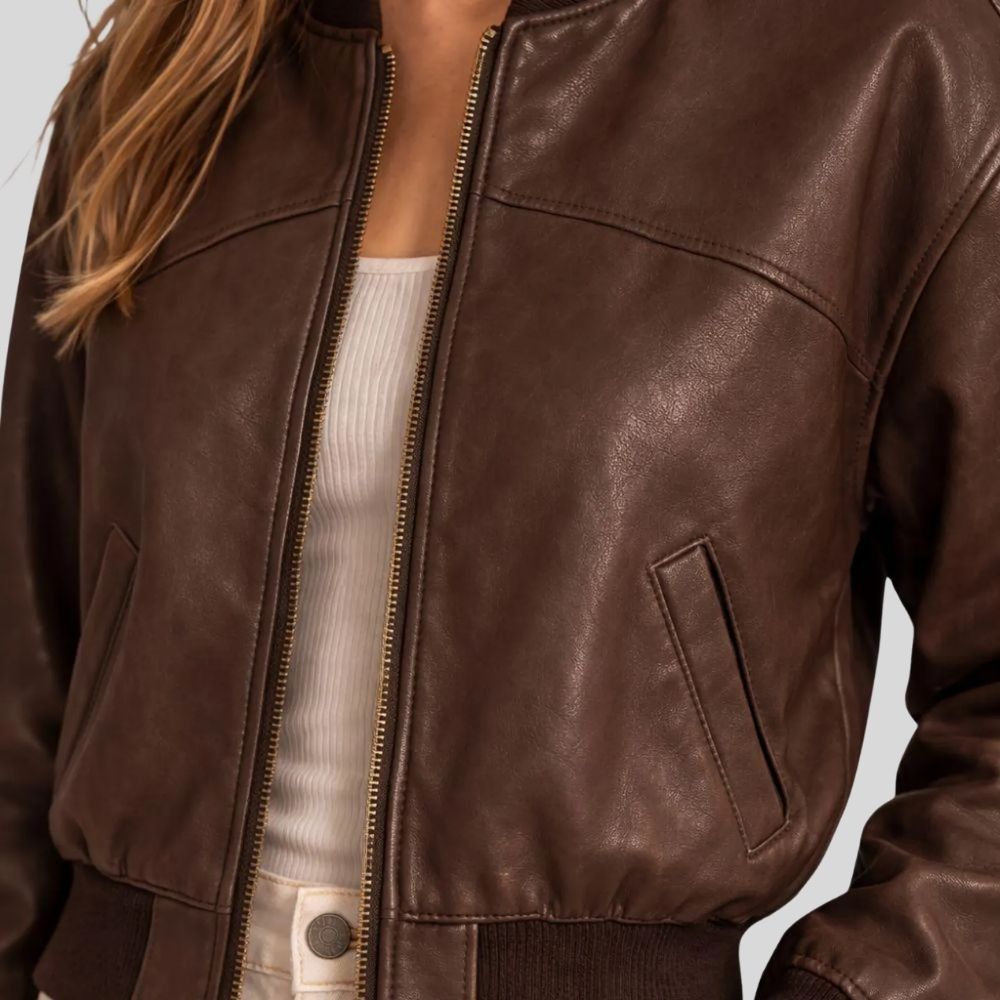 Damen Sheepskin Leder Bomberjacke Dunkelbraun – Cropped Tailored Fit Jacket