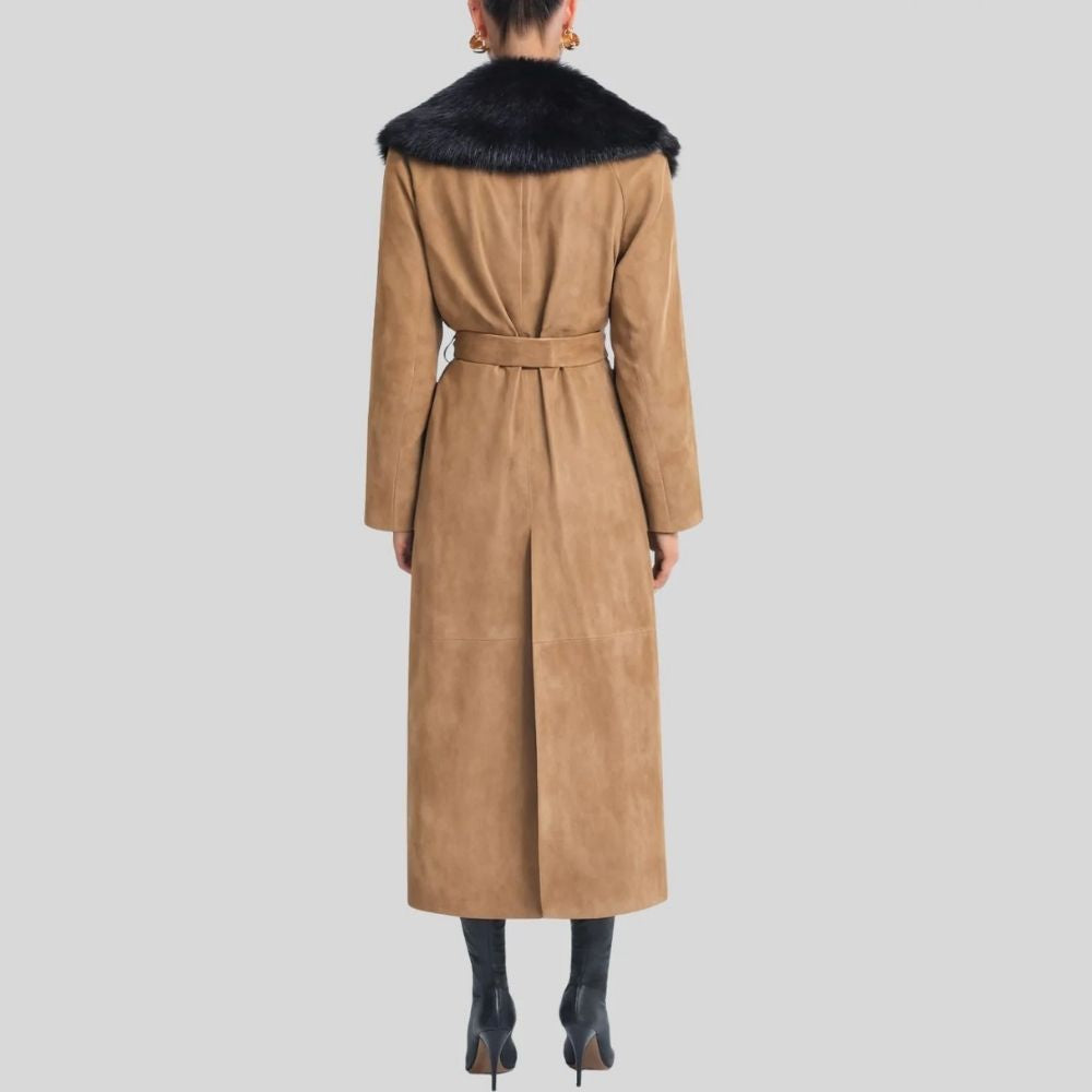 Damen Goatsuede Mantel Camel – Oversized Longline Mantel mit Faux Fur Kragen
