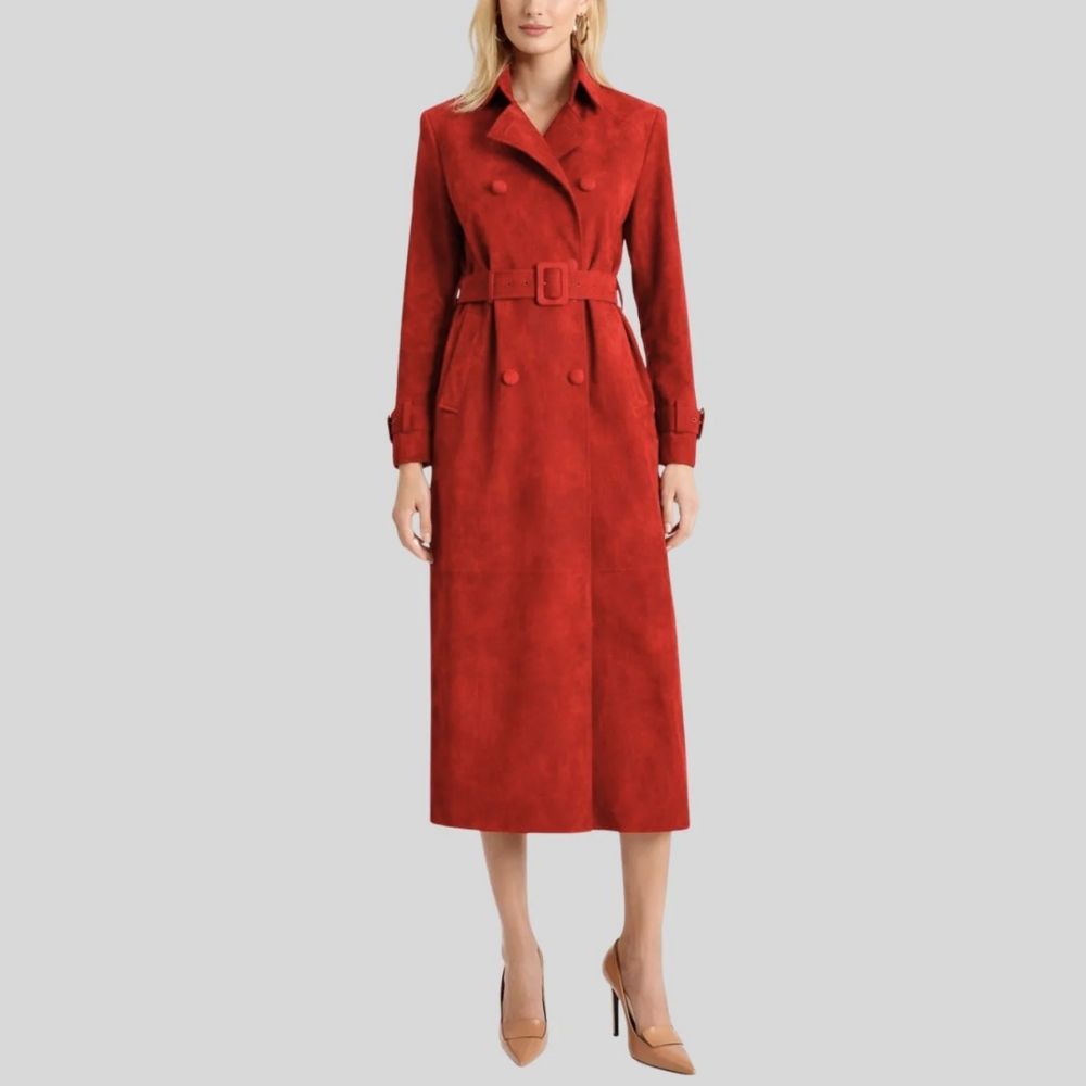 Damen Goatsuede Trenchcoat Rot – Taillierter Langmantel im Classic Fit