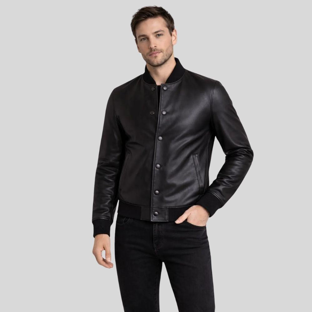Herren Sheepskin Leder Bomberjacke Schwarz – Tailored Snap Button Jacket
