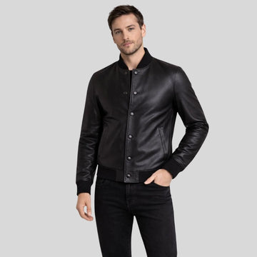 Herren Sheepskin Leder Bomberjacke Schwarz – Tailored Snap Button Jacket