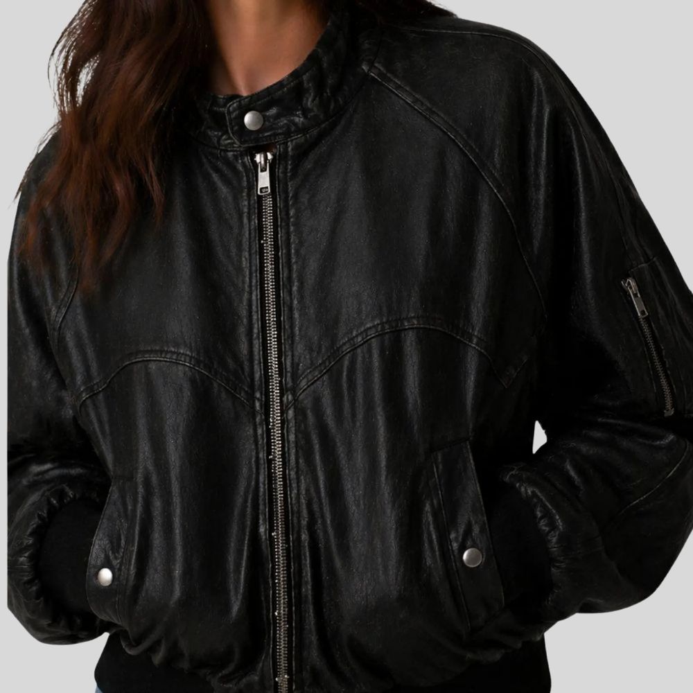 Damen Sheepskin Leder Bomberjacke Schwarz Oversized Fit – NoirAero