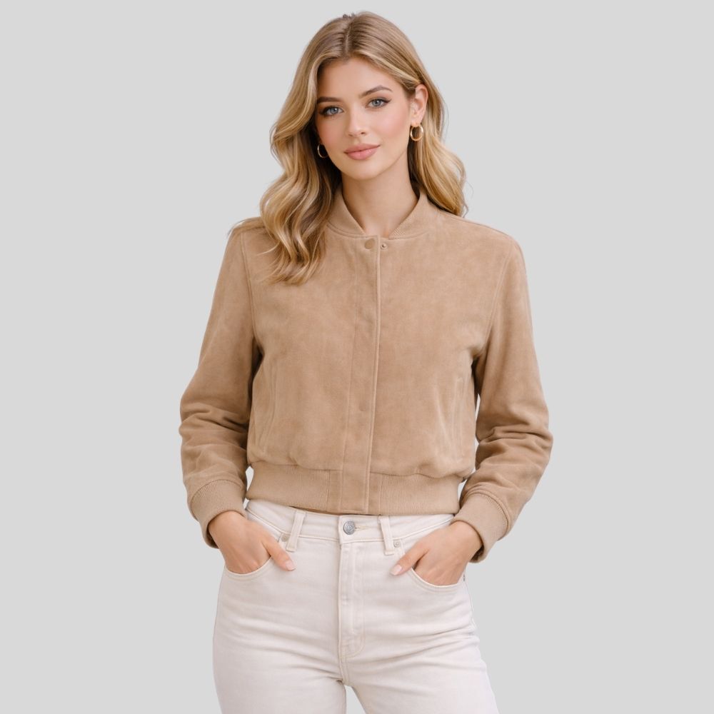 Damen Beige Goatsuede Bomberjacke – Slim Fit Luna Soft