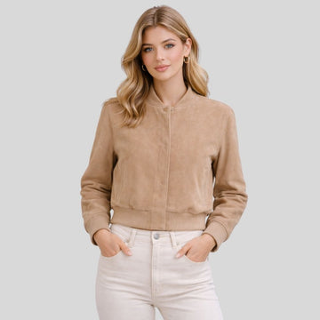 Damen Beige Goatsuede Bomberjacke – Slim Fit Luna Soft