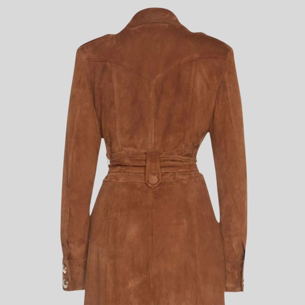 Damen Goatsuede Trenchcoat Cognac Braun – Longline Double Breasted Tailored Fit Wildledermantel