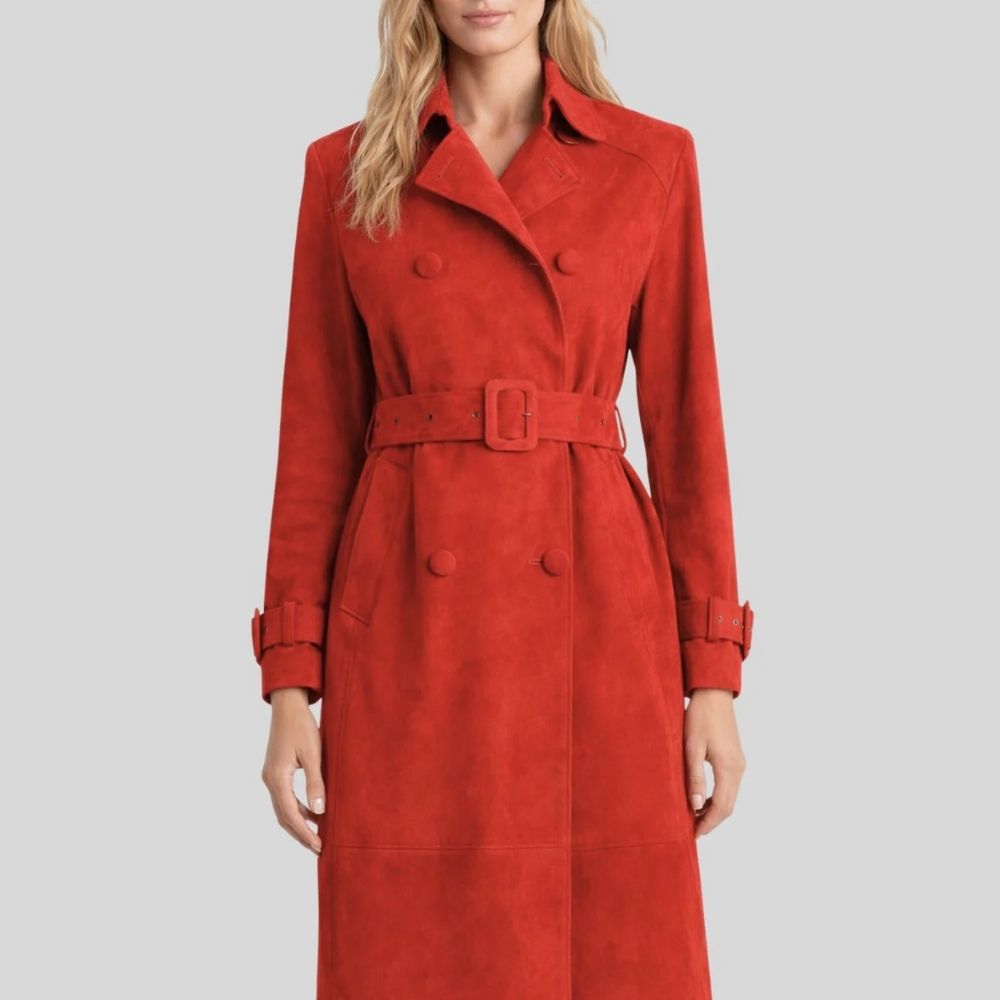 Damen Goatsuede Trenchcoat Rot – Taillierter Langmantel im Classic Fit