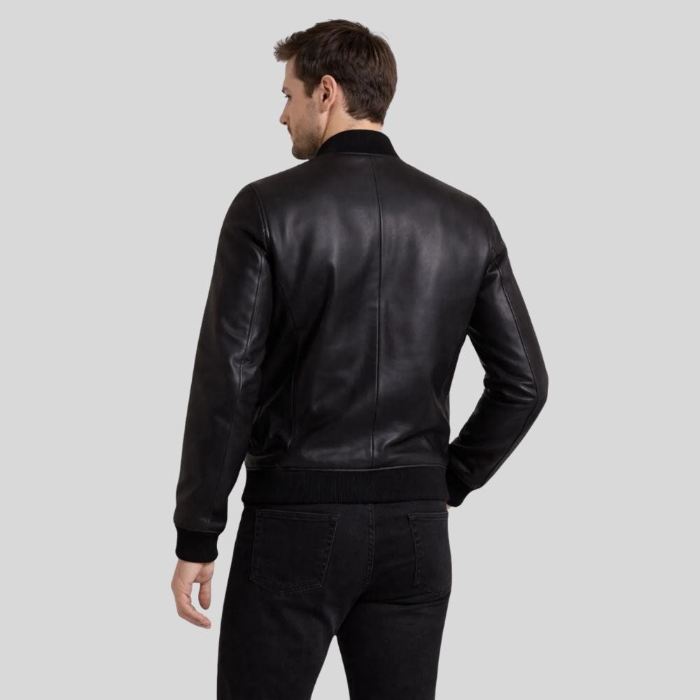 Herren Sheepskin Leder Bomberjacke Schwarz – Tailored Snap Button Jacket