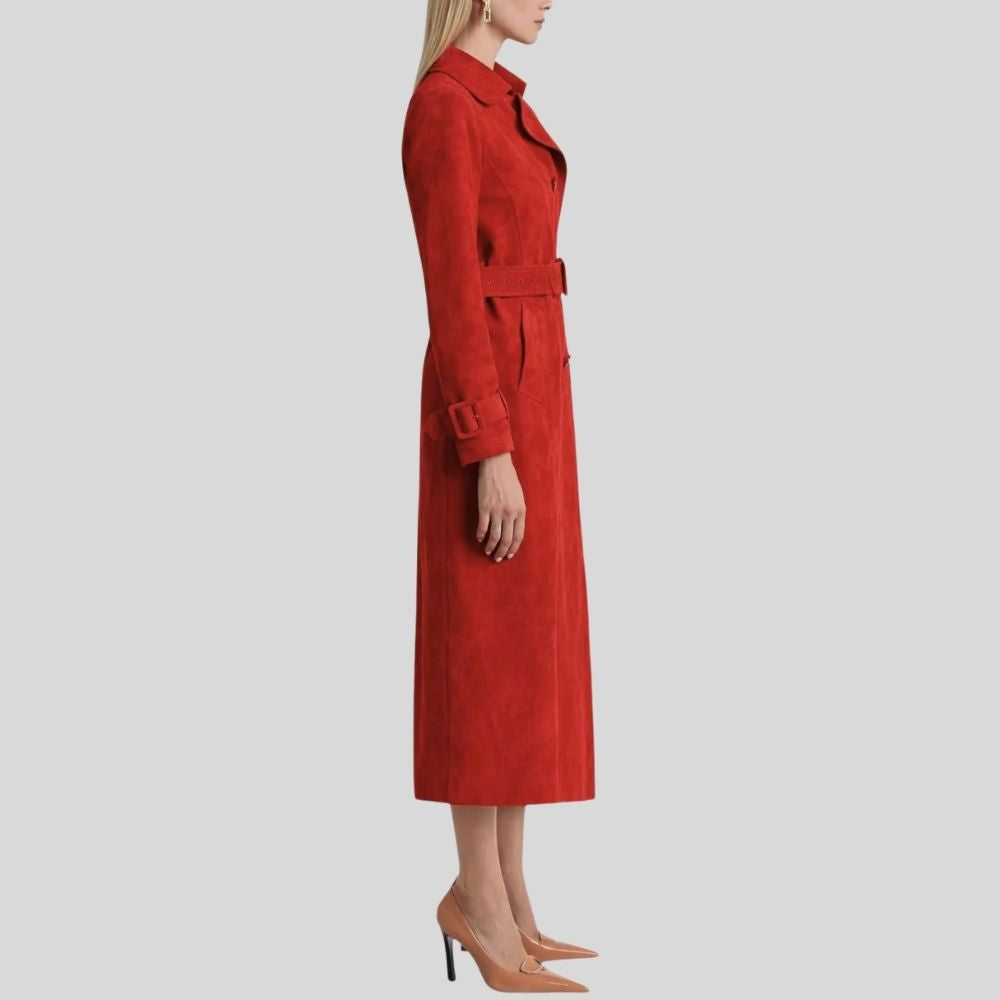 Damen Goatsuede Trenchcoat Rot – Taillierter Langmantel im Classic Fit
