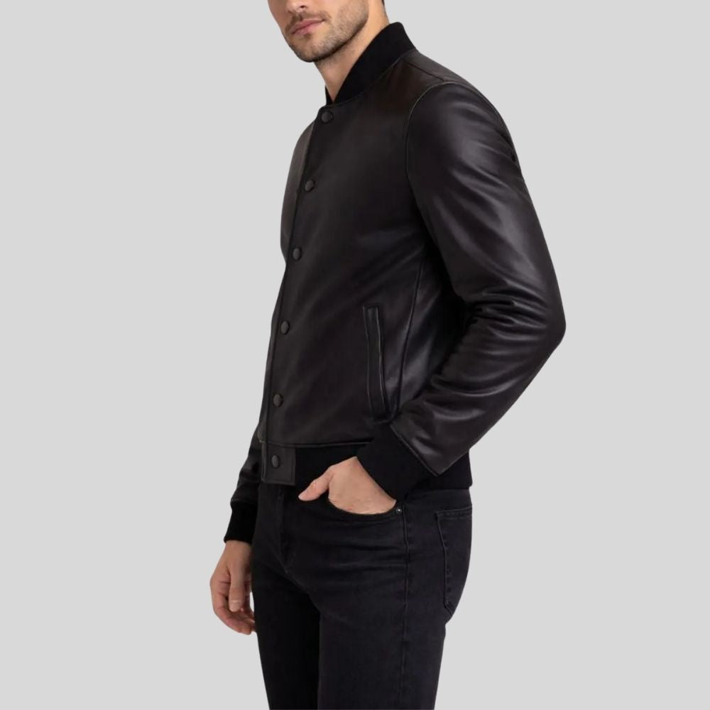 Herren Sheepskin Leder Bomberjacke Schwarz – Tailored Snap Button Jacket