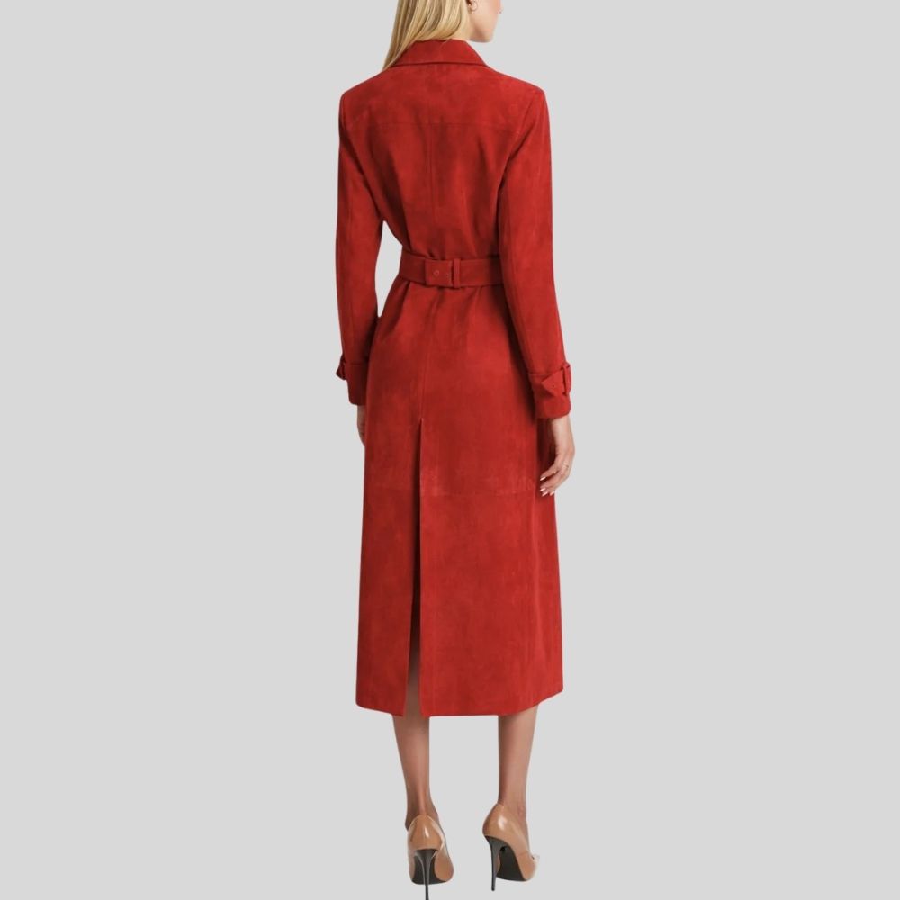Damen Goatsuede Trenchcoat Rot – Taillierter Langmantel im Classic Fit