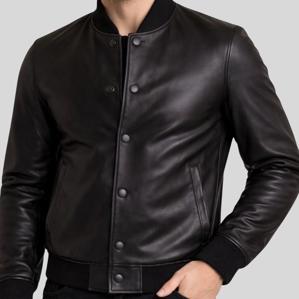 Herren Sheepskin Leder Bomberjacke Schwarz – Tailored Snap Button Jacket