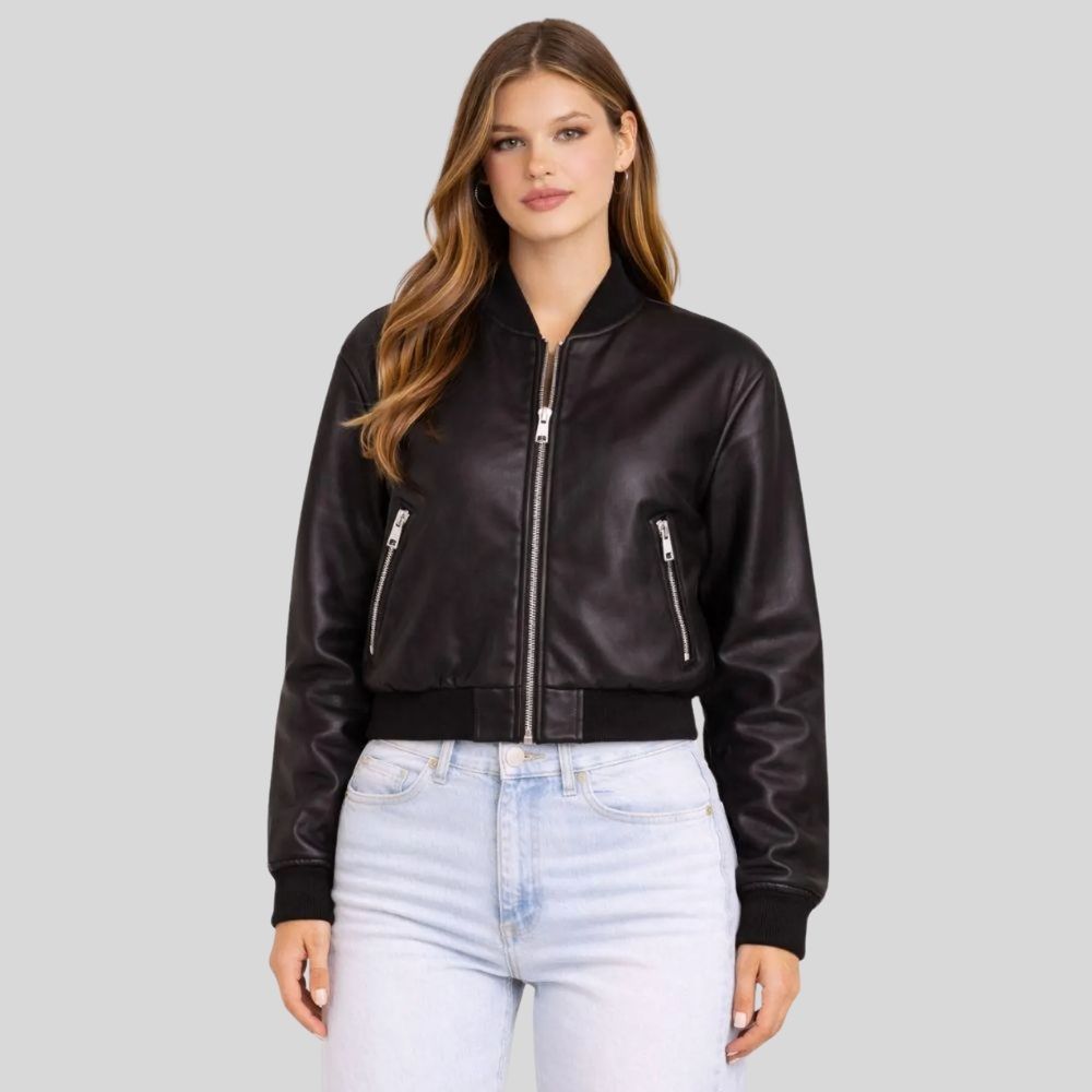 Damen Sheepskin Leder Bomberjacke Schwarz – Cropped Modern Fit Zip Jacket