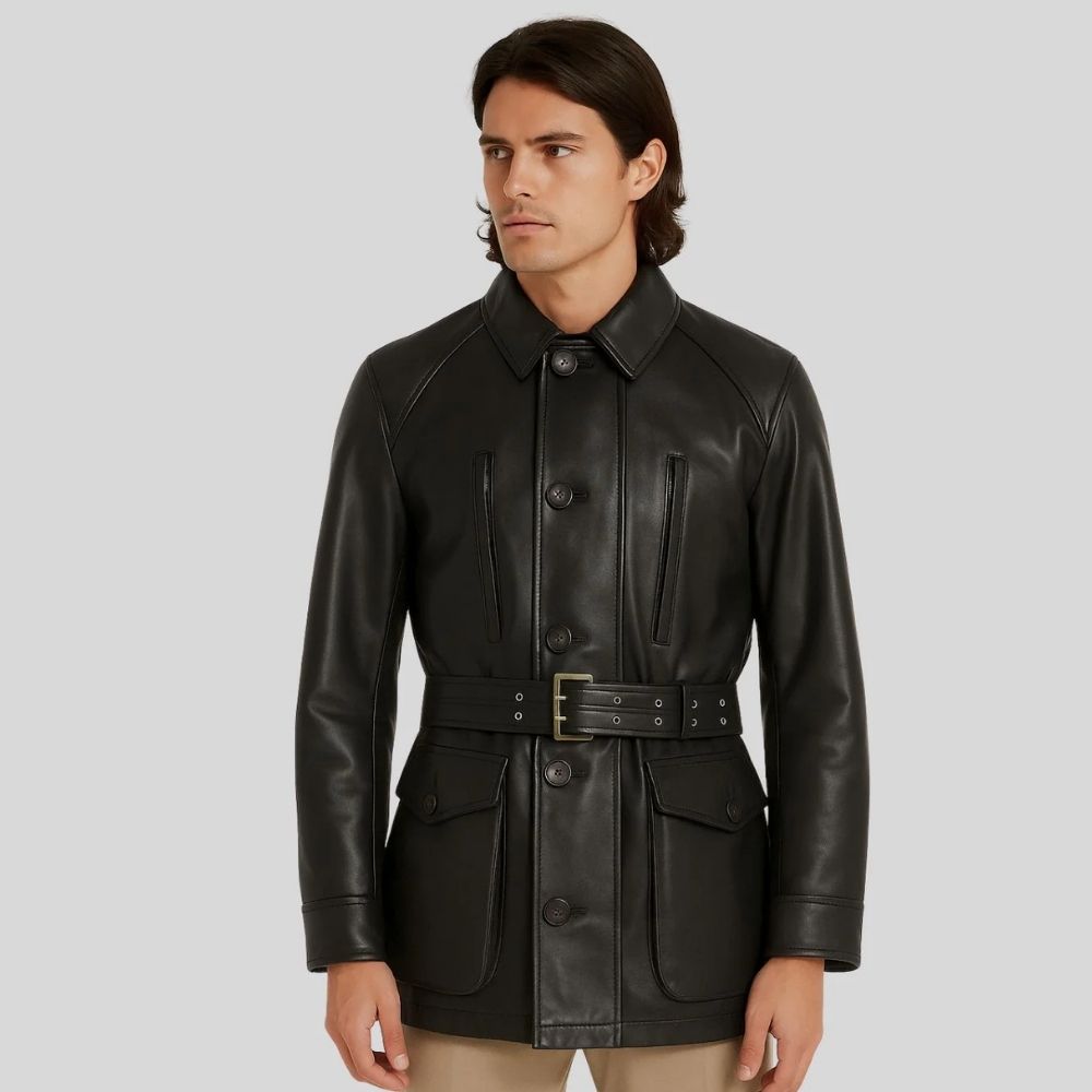 Herren Sheepskin Lederjacke Schwarz – Tailored Fit Utility Jacke mit Gürtel