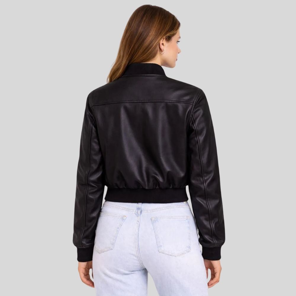 Damen Sheepskin Leder Bomberjacke Schwarz – Cropped Modern Fit Zip Jacket