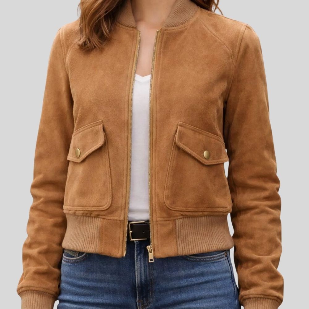 Damen Goatsuede Bomberjacke Kamel Cropped Fit Modern – SandMuse