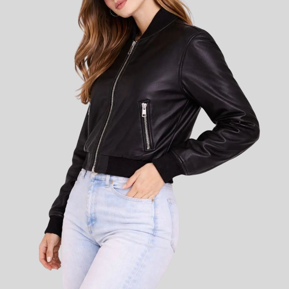 Damen Sheepskin Leder Bomberjacke Schwarz – Cropped Modern Fit Zip Jacket