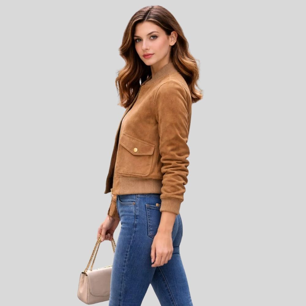 Damen Goatsuede Bomberjacke Kamel Cropped Fit Modern – SandMuse