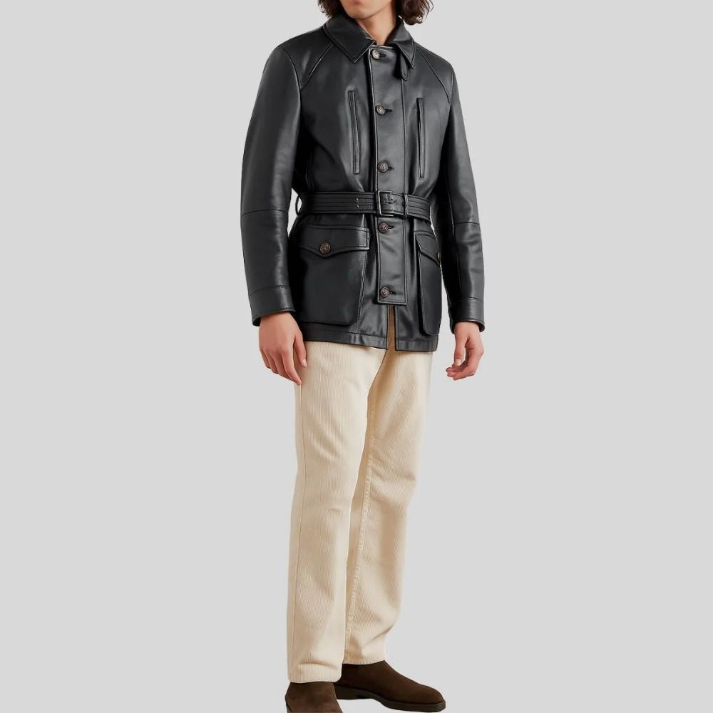 Herren Sheepskin Lederjacke Schwarz – Tailored Fit Utility Jacke mit Gürtel