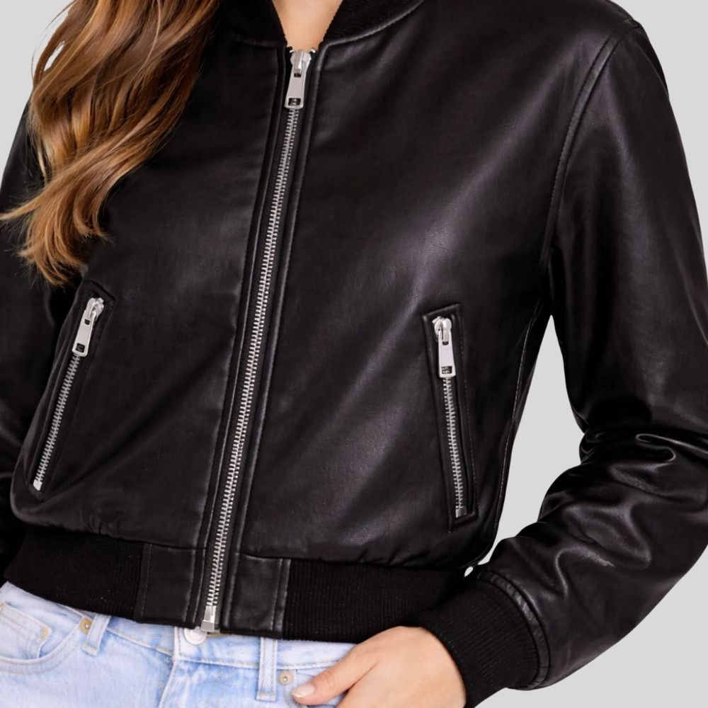 Damen Sheepskin Leder Bomberjacke Schwarz – Cropped Modern Fit Zip Jacket