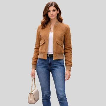 Damen Goatsuede Bomberjacke Kamel Cropped Fit Modern – SandMuse