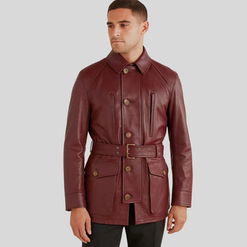 Herren Sheepskin Lederjacke Bordeaux – Tailored Fit Utility Jacke mit Gürtel