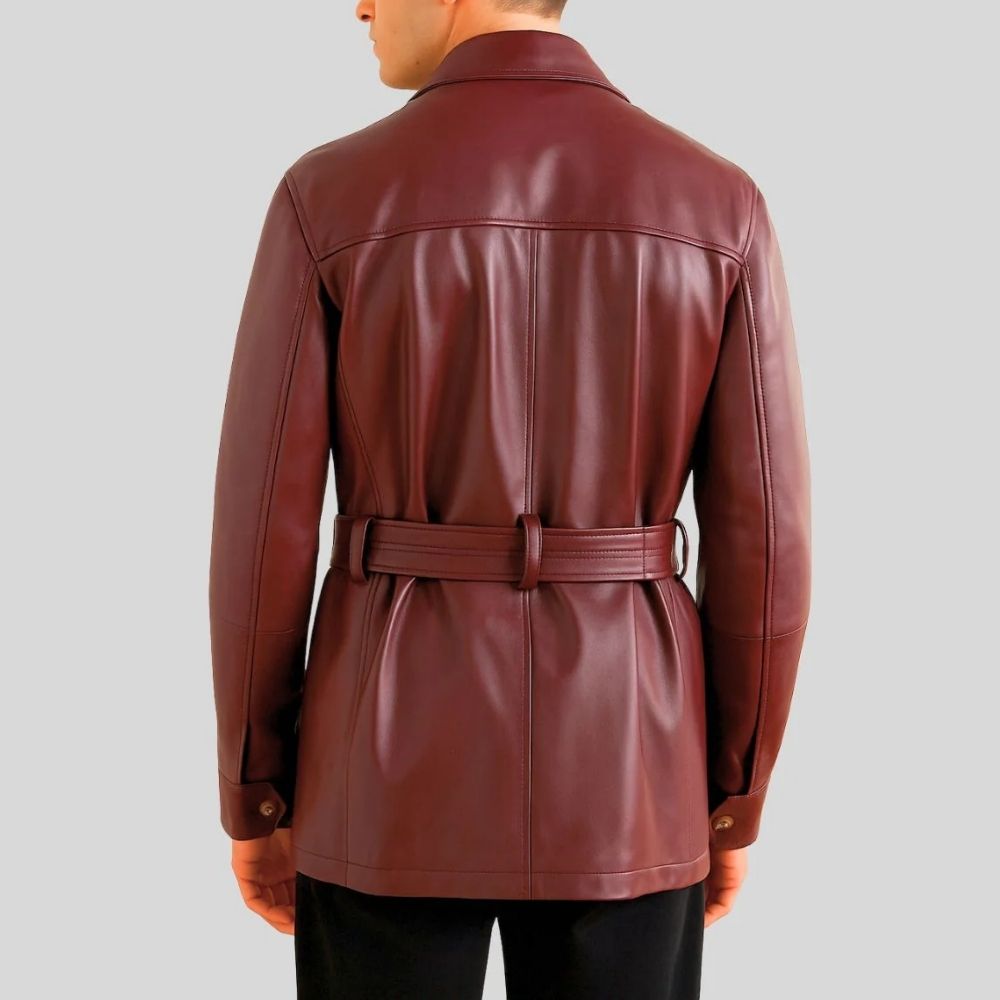 Herren Sheepskin Lederjacke Bordeaux – Tailored Fit Utility Jacke mit Gürtel