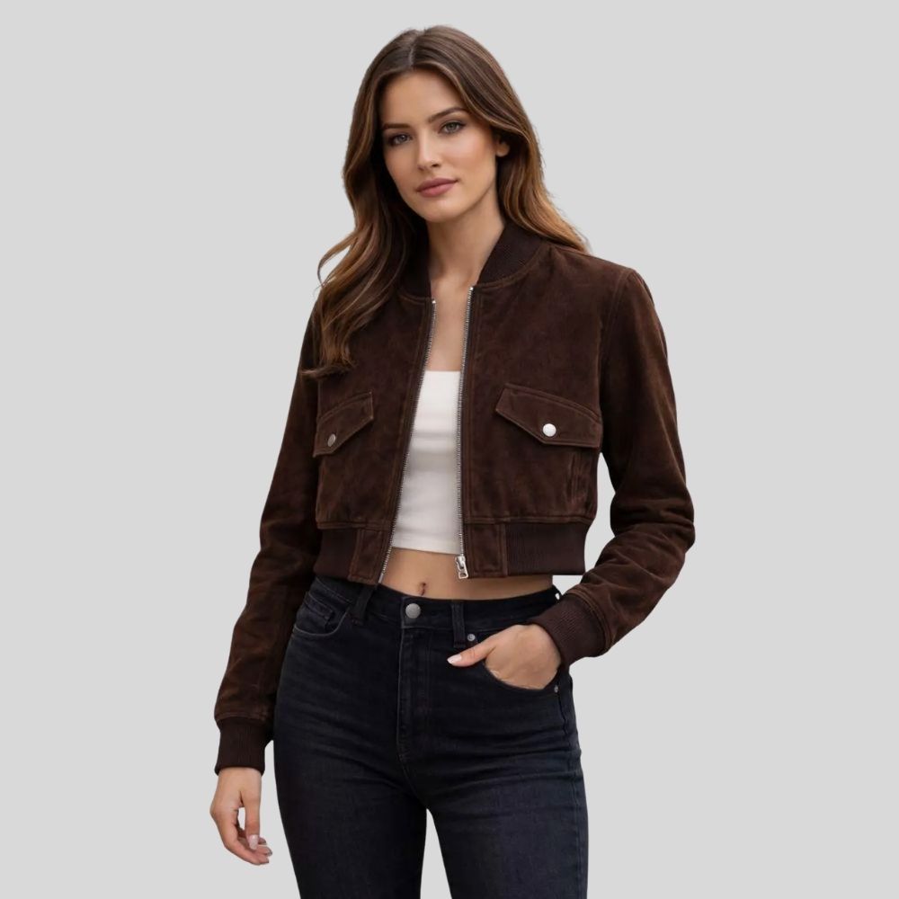 Damen Goatsuede Bomberjacke Dunkelbraun Cropped Fit Modern – CocoaLine
