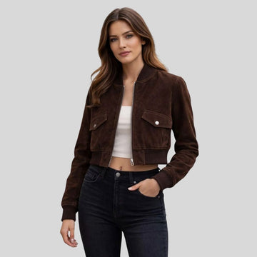 Damen Goatsuede Bomberjacke Dunkelbraun Cropped Fit Modern – CocoaLine