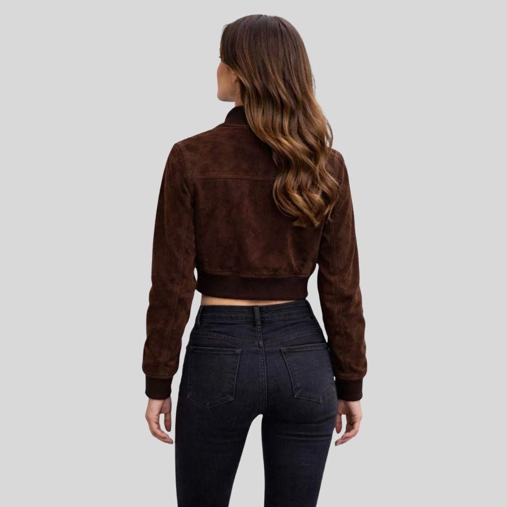 Damen Goatsuede Bomberjacke Dunkelbraun Cropped Fit Modern – CocoaLine