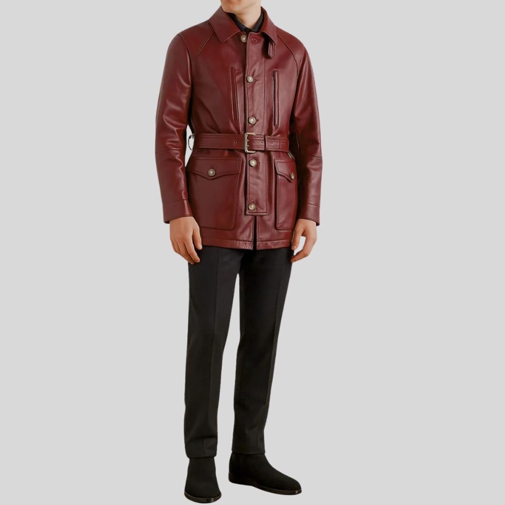 Herren Sheepskin Lederjacke Bordeaux – Tailored Fit Utility Jacke mit Gürtel