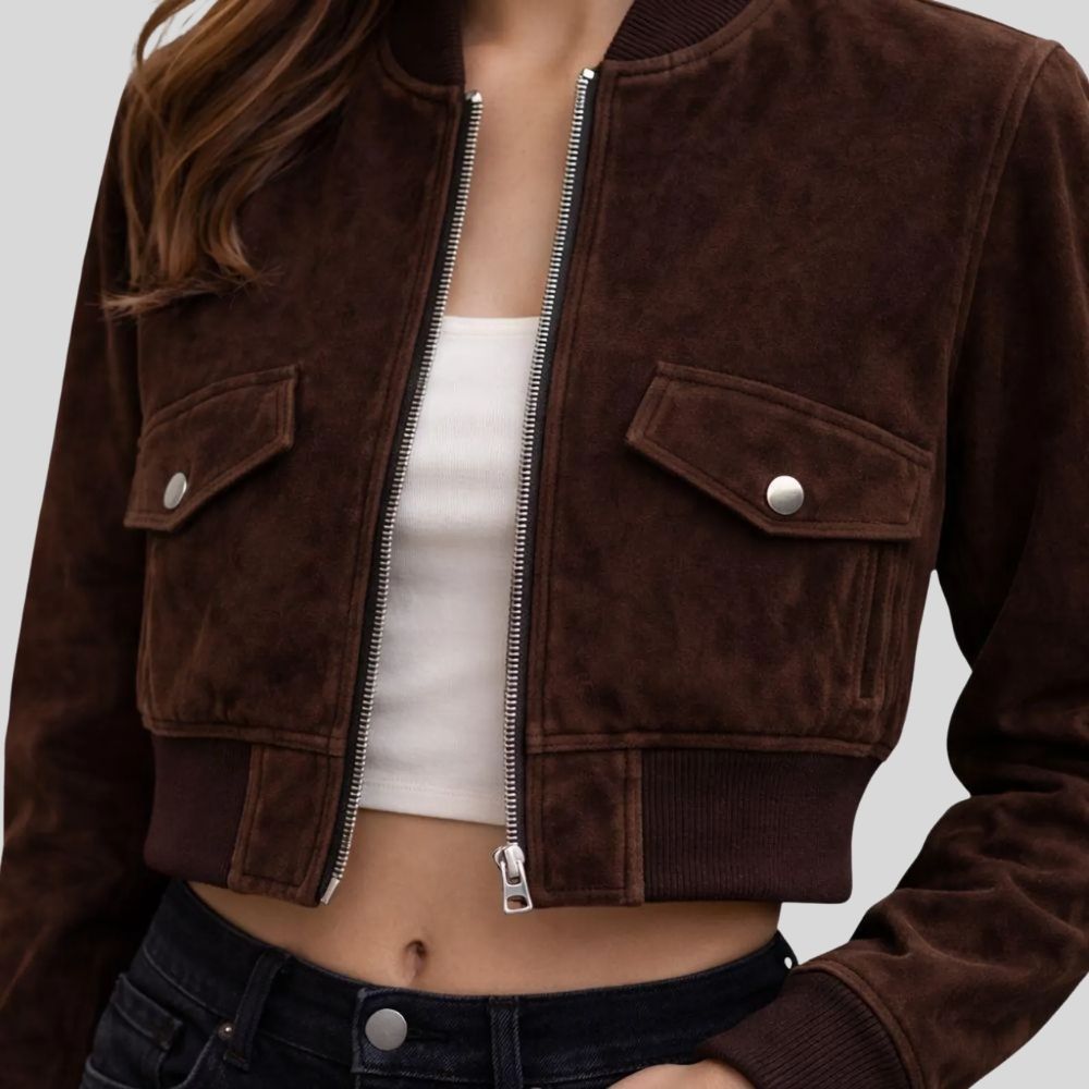 Damen Goatsuede Bomberjacke Dunkelbraun Cropped Fit Modern – CocoaLine