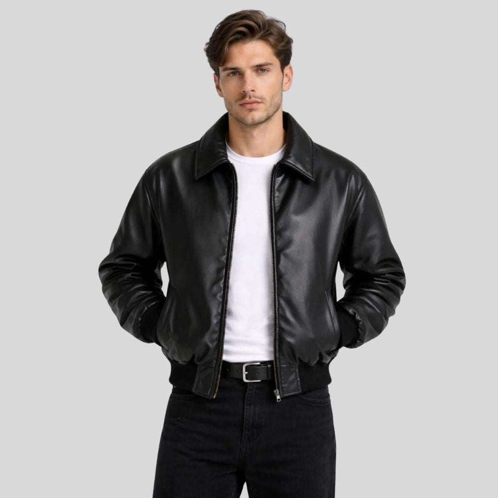 Herren Lederjacke Bomberjacke Schwarz – Hemdkragen Design