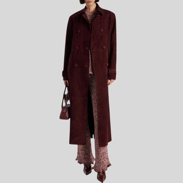 Damen Goatsuede Mantel Bordeaux Rot – Longline Relaxed Tailored Fit Wildledermantel