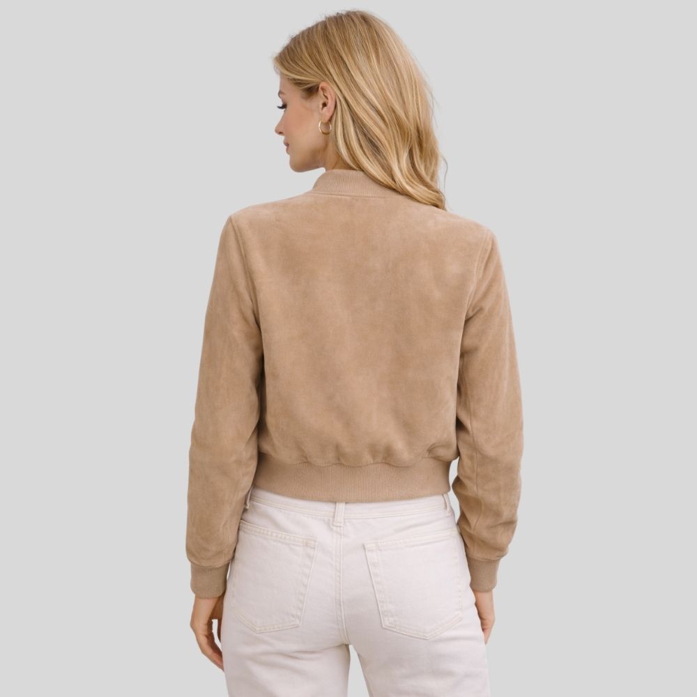 Damen Beige Goatsuede Bomberjacke – Slim Fit Luna Soft