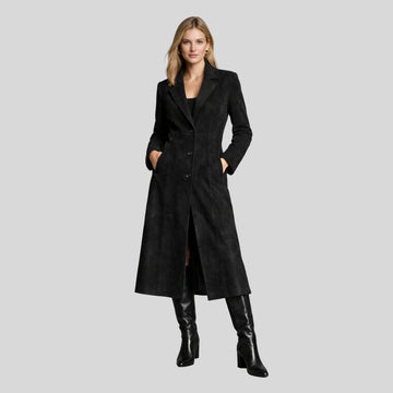 Damen Goatsuede Trenchcoat Schwarz – Longline Tailored Fit Wildledermantel