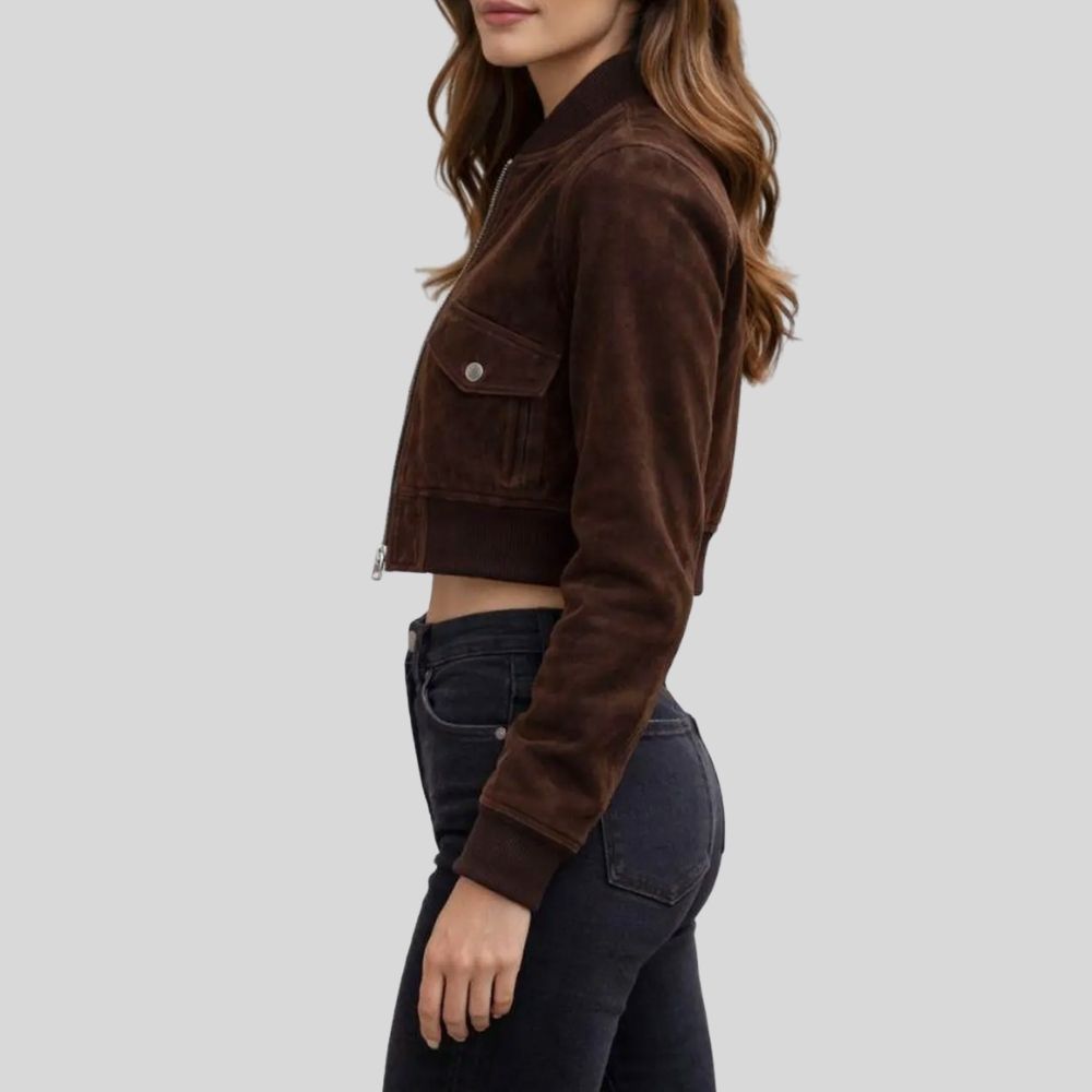 Damen Goatsuede Bomberjacke Dunkelbraun Cropped Fit Modern – CocoaLine