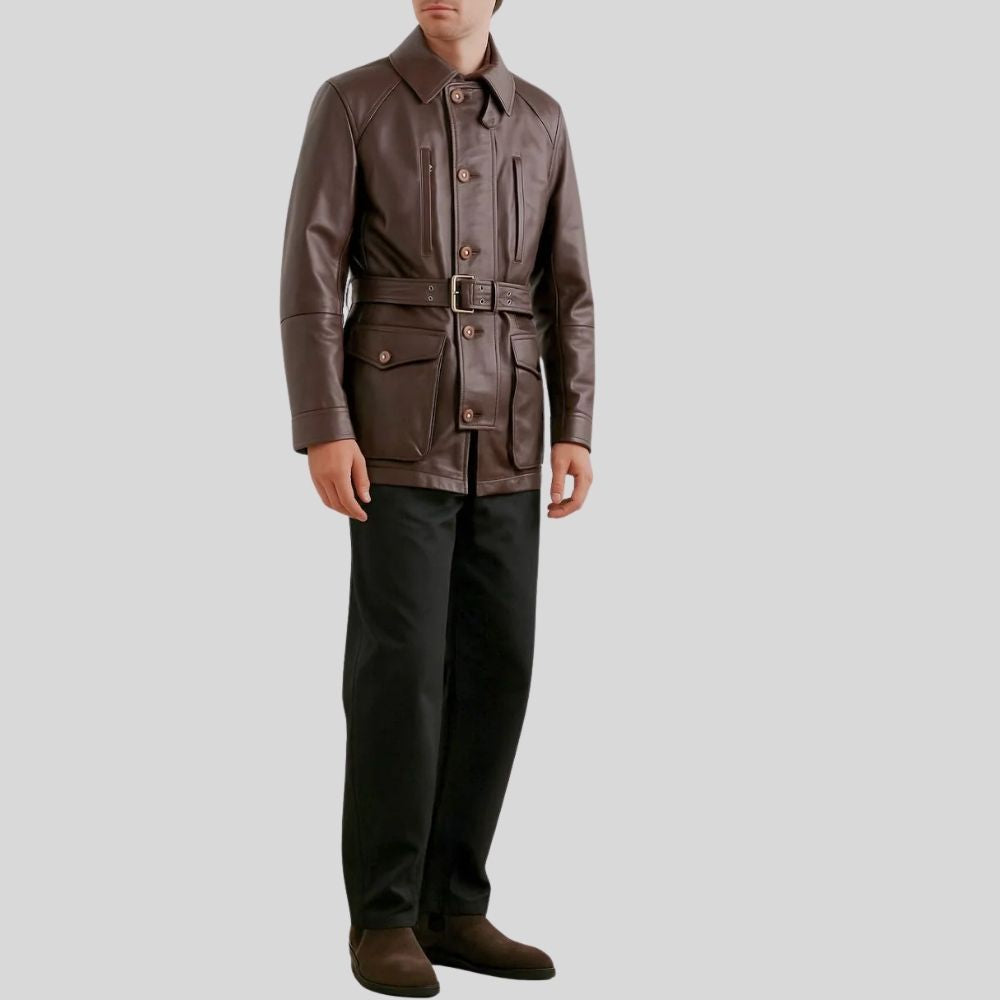 Herren Sheepskin Lederjacke Braun – Tailored Fit Utility Jacke mit Gürtel