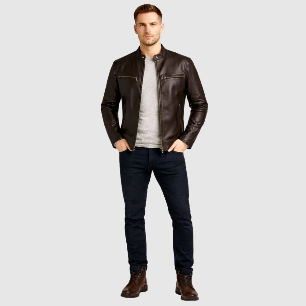Herren Schaffell Lederjacke Dunkelbraun – Slim Fit Bomber