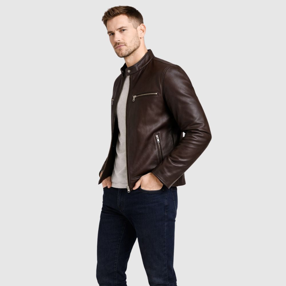 Herren Schaffell Lederjacke Dunkelbraun – Slim Fit Bomber
