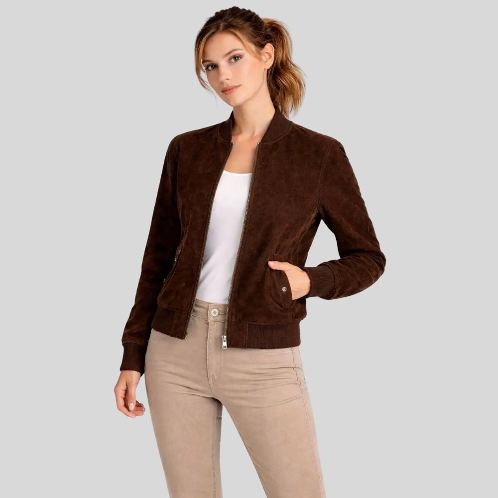 Damen Goatsuede Bomberjacke Dunkelbraun Slim Fit Modern – CocoaEdge