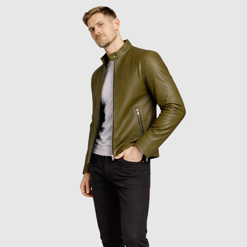 Herren Schaffell Lederjacke Olivgrün – Slim Fit Bomber