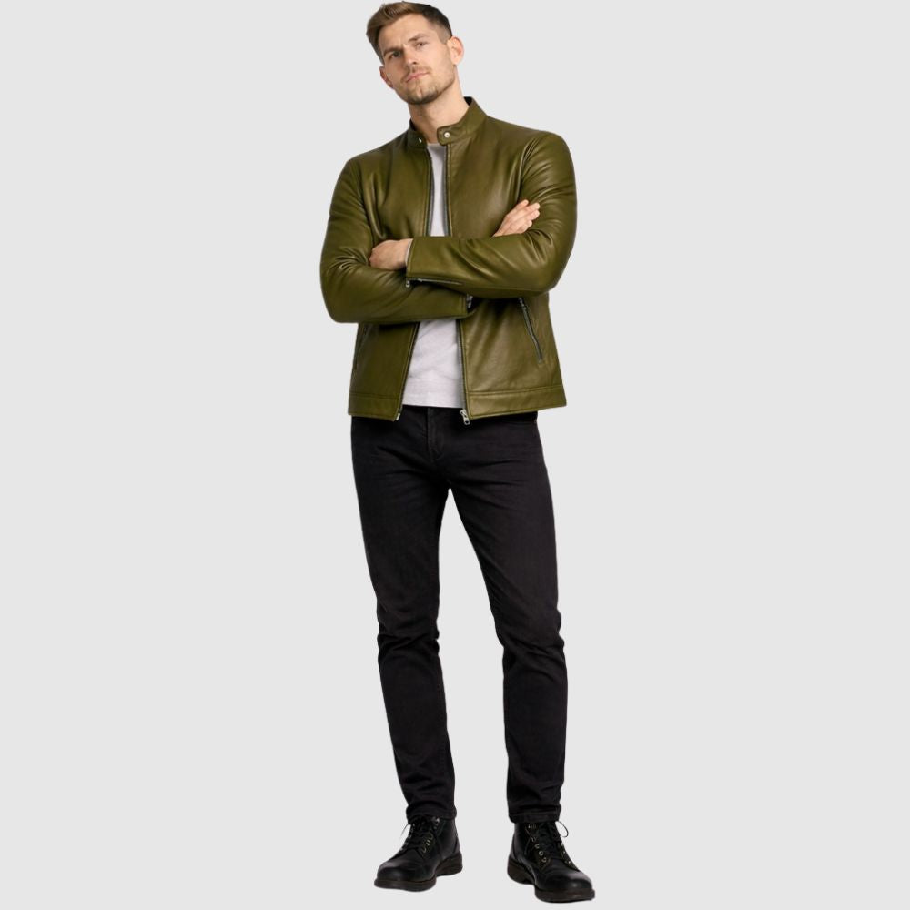 Herren Schaffell Lederjacke Olivgrün – Slim Fit Bomber