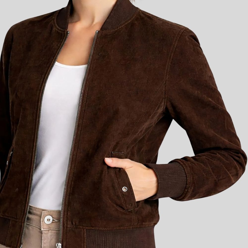 Damen Goatsuede Bomberjacke Dunkelbraun Slim Fit Modern – CocoaEdge